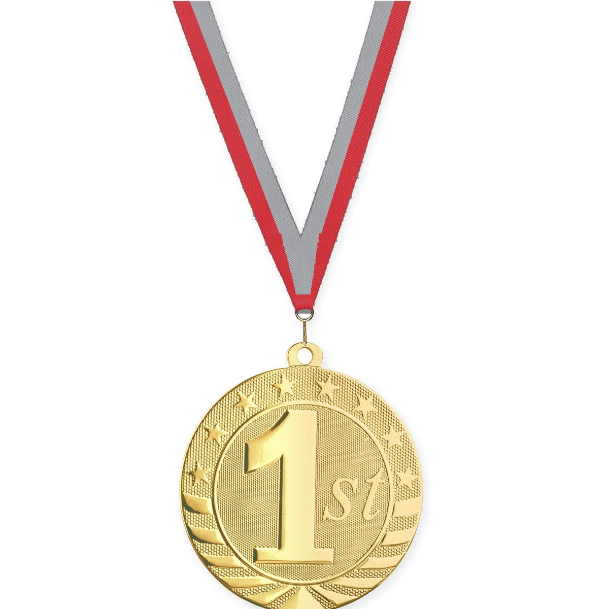 2 3/4 inch Place Starbrite medal in gold - 1st place with Red Gray neck ribbon