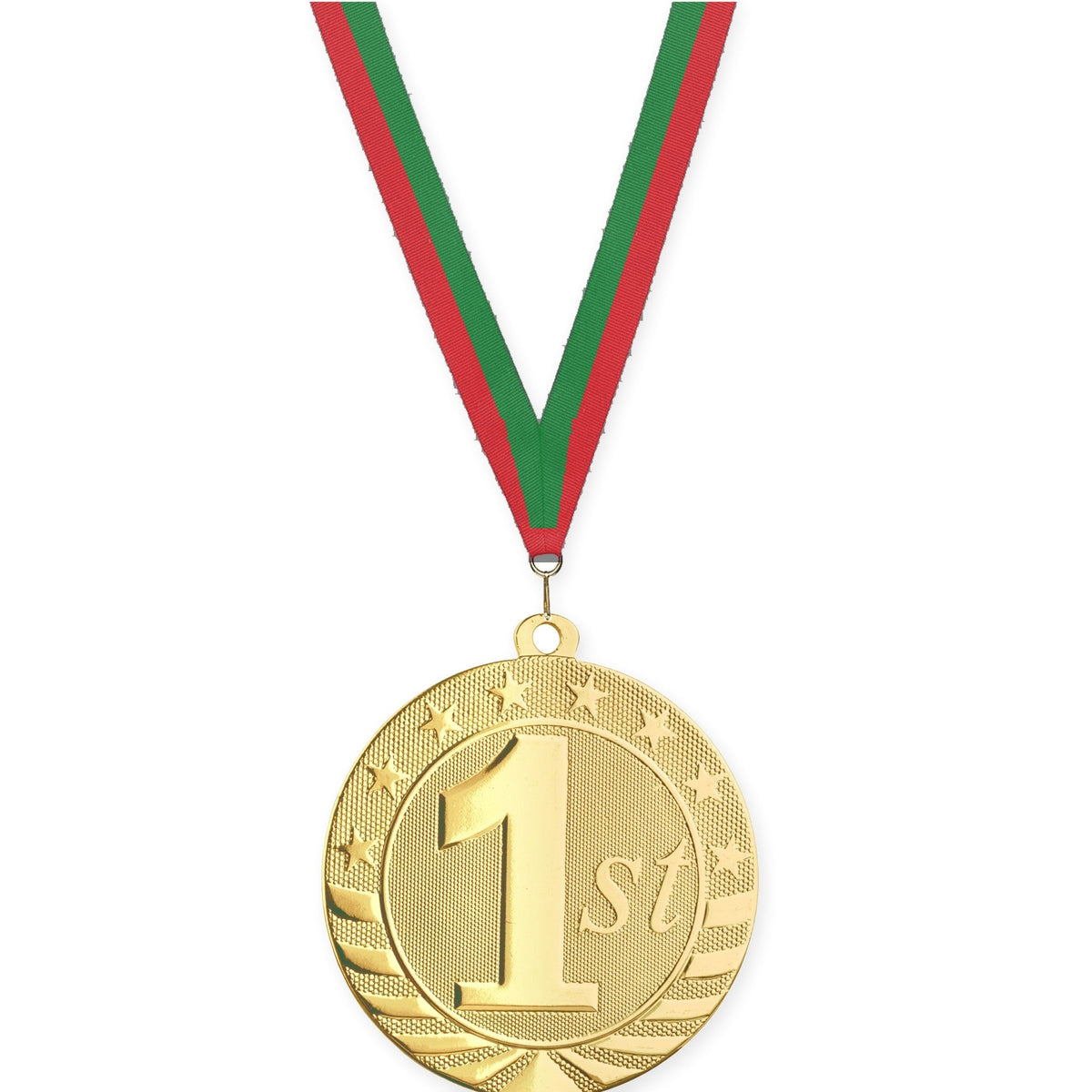 2 3/4 inch Place Starbrite medal in gold - 1st place with Red Green neck ribbon