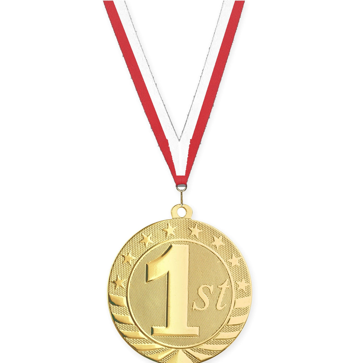 2 3/4 inch Place Starbrite medal in gold - 1st place with Red White neck ribbon