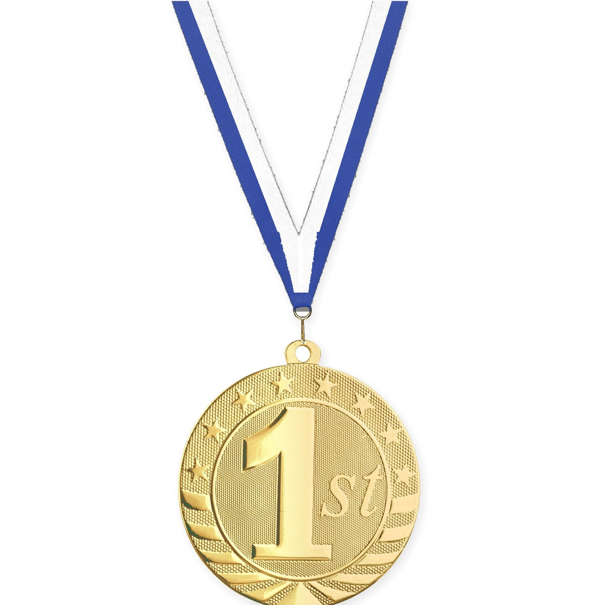 2 3/4 inch Place Starbrite medal in gold - 1st place with Blue White neck ribbon
