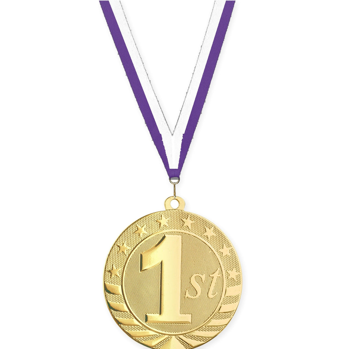 2 3/4 inch Place Starbrite medal in gold - 1st place with Purple White neck ribbon