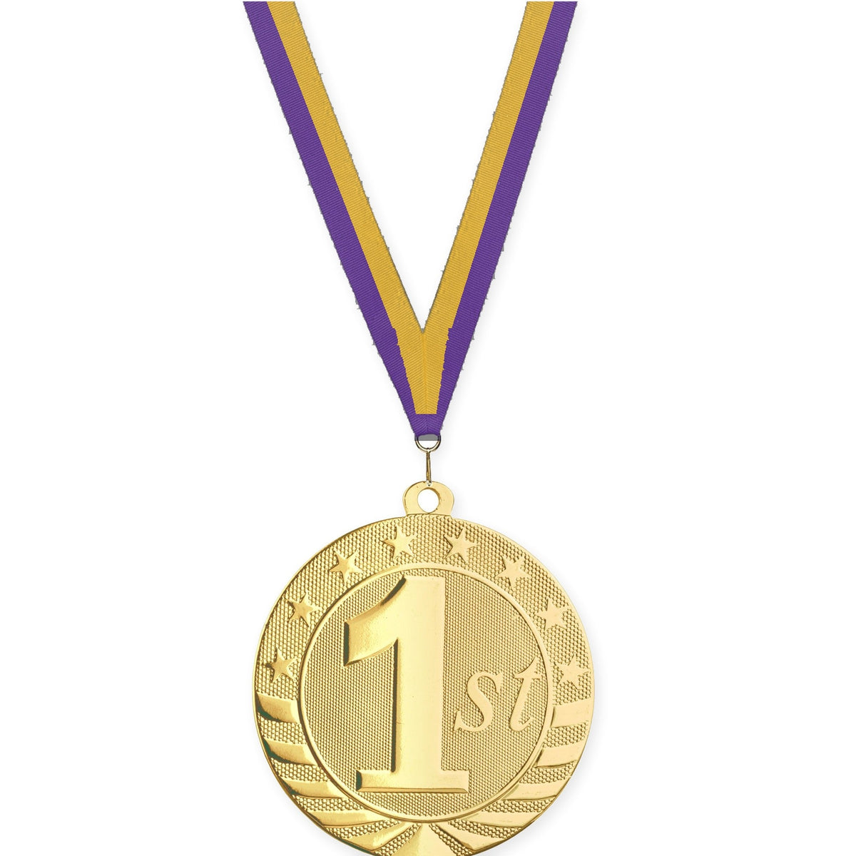 2 3/4 inch Place Starbrite medal in gold - 1st place with Purple Gold neck ribbon