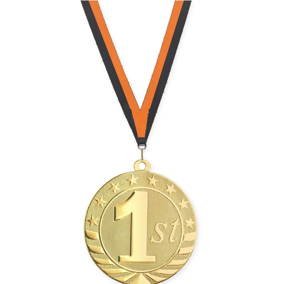 2 3/4 inch Place Starbrite medal in gold - 1st place with Black Orange neck ribbon
