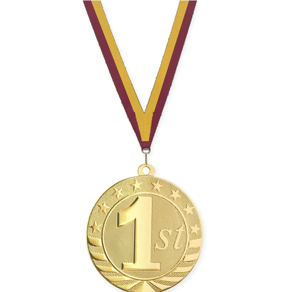 2 3/4 inch Place Starbrite medal in gold - 1st place with Maroon Gold neck ribbon