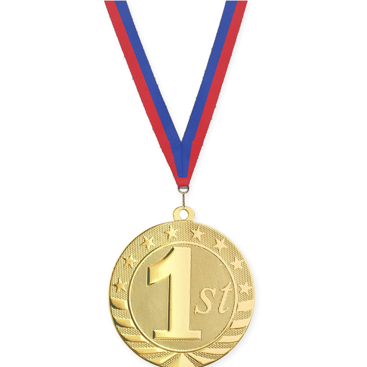 2 3/4 inch Place Starbrite medal in gold - 1st place with Blue Red neck ribbon