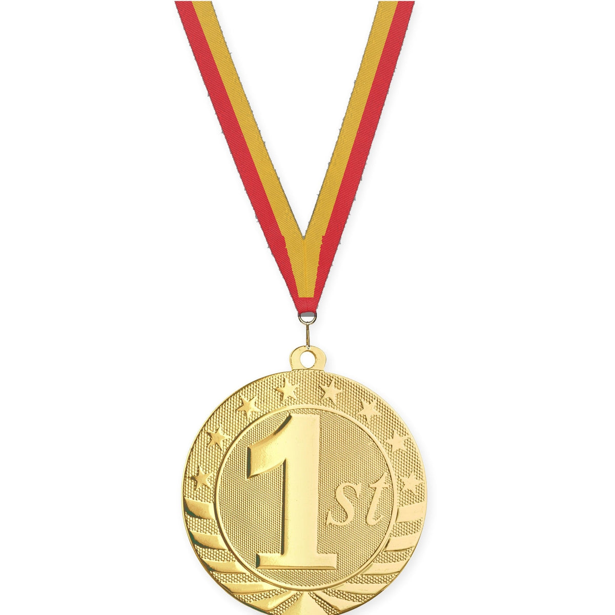 2 3/4 inch Place Starbrite medal in gold - 1st place with Red Gold neck ribbon