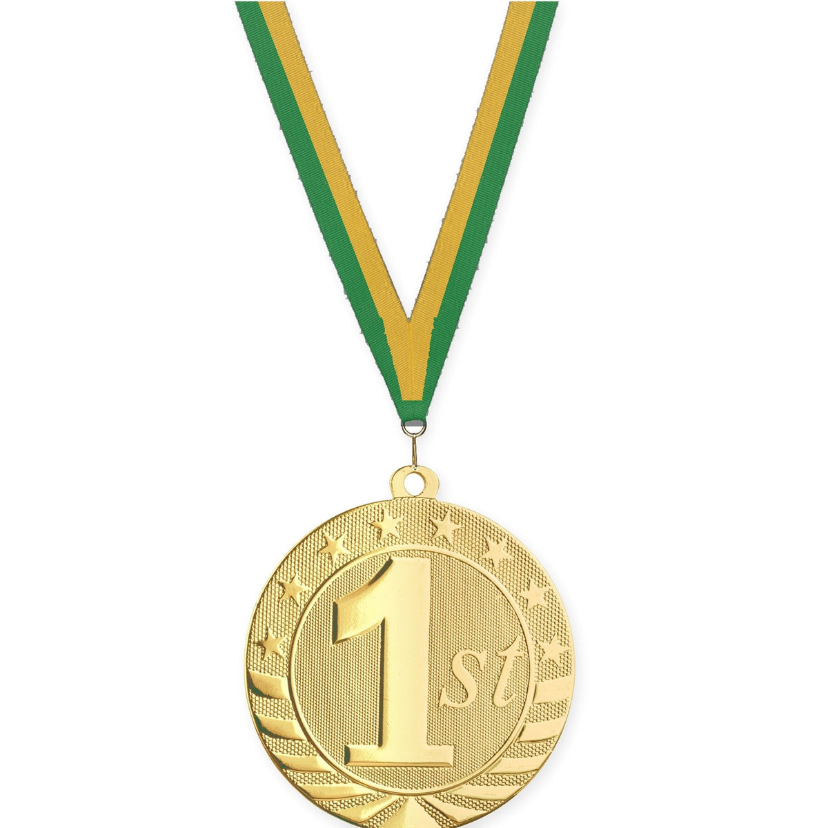 2 3/4 inch Place Starbrite medal in gold - 1st place with Green Gold neck ribbon