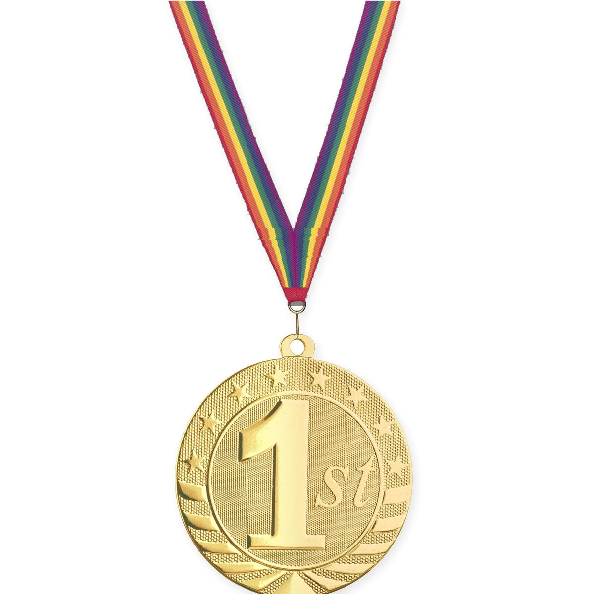 2 3/4 inch Place Starbrite medal in gold - 1st place with Rainbow neck ribbon
