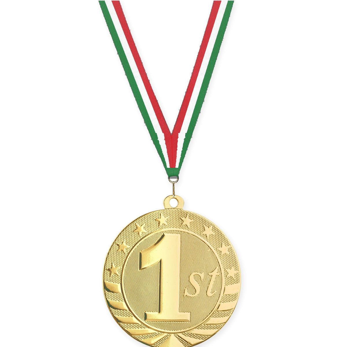 2 3/4 inch Place Starbrite medal in gold - 1st place with Green White Red neck ribbon