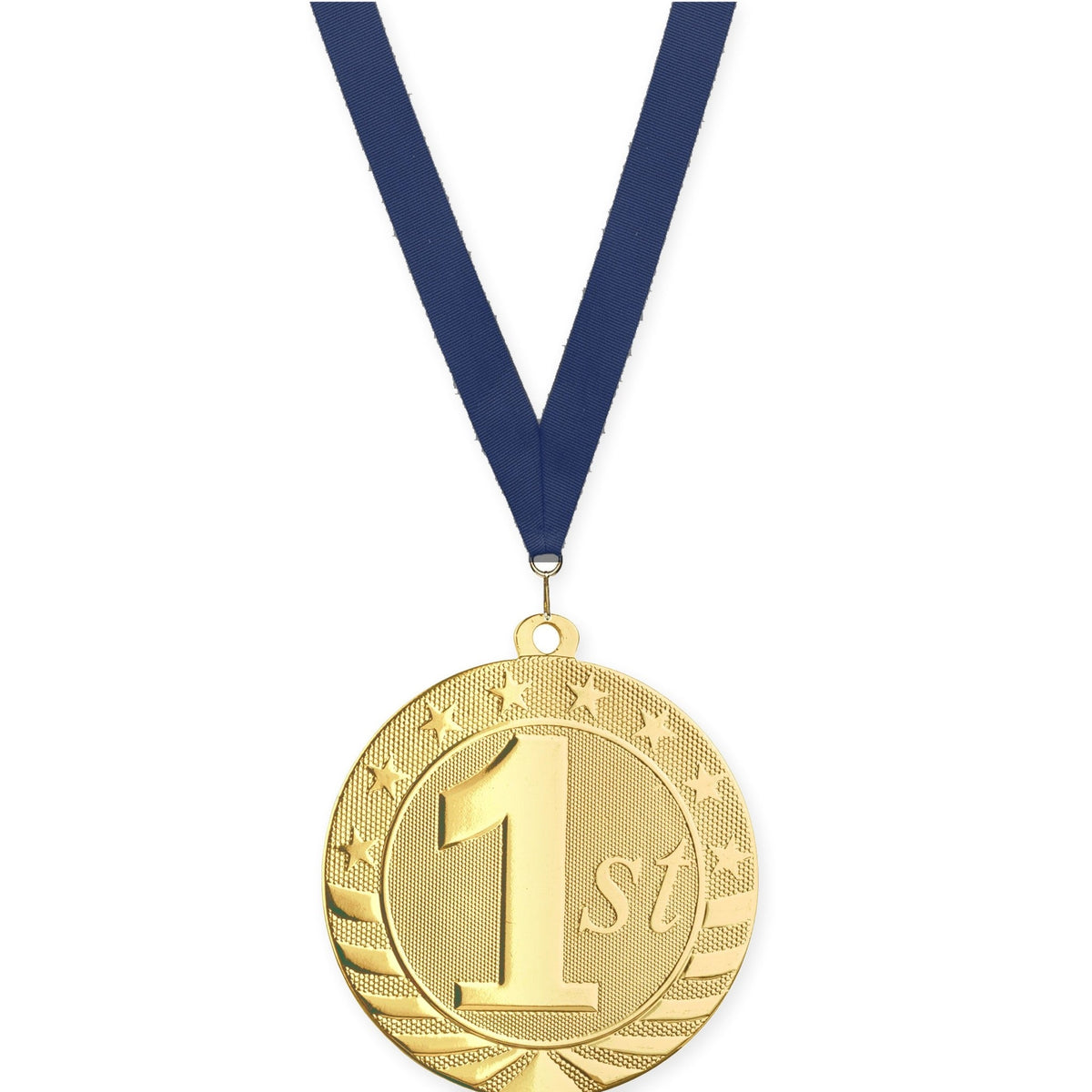 2 3/4 inch Place Starbrite medal in gold - 1st place with Navy neck ribbon