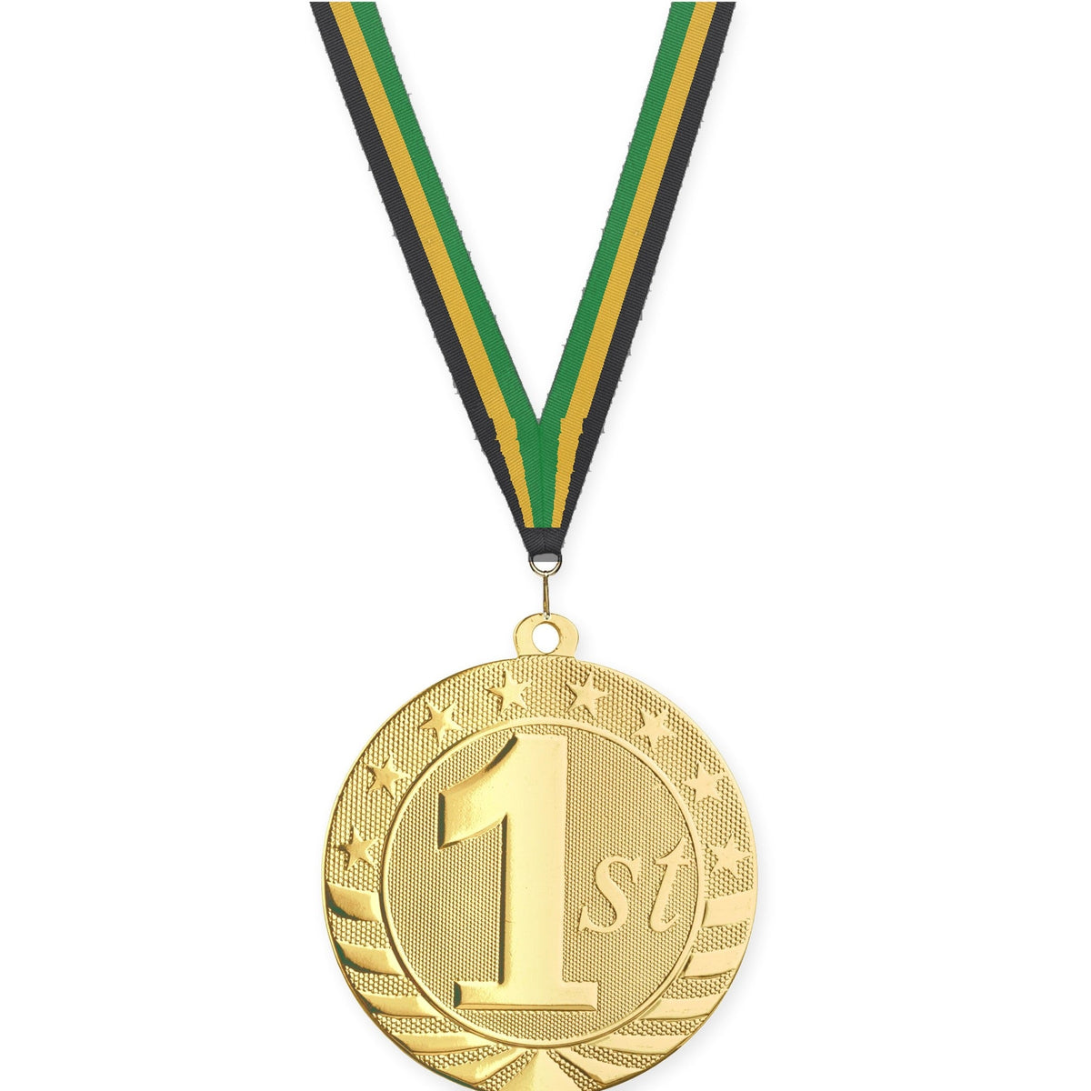2 3/4 inch Place Starbrite medal in gold - 1st place with Black Gold Green neck ribbon