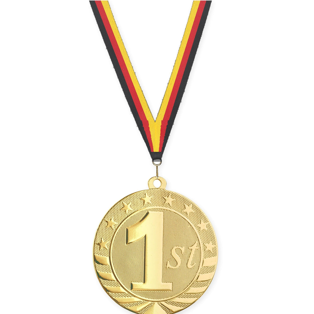 2 3/4 inch Place Starbrite medal in gold - 1st place with Black Red Yellow neck ribbon