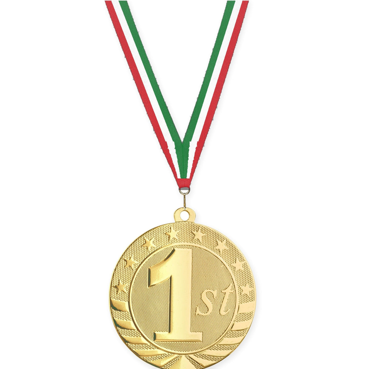 2 3/4 inch Place Starbrite medal in gold - 1st place with Red White Green neck ribbon