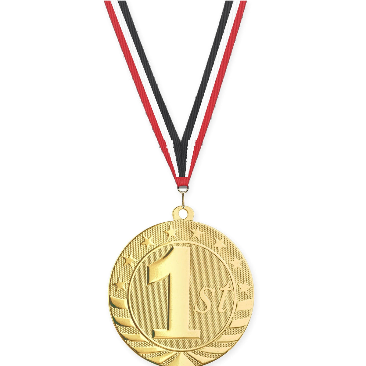 2 3/4 inch Place Starbrite medal in gold - 1st place with Red White Black neck ribbon