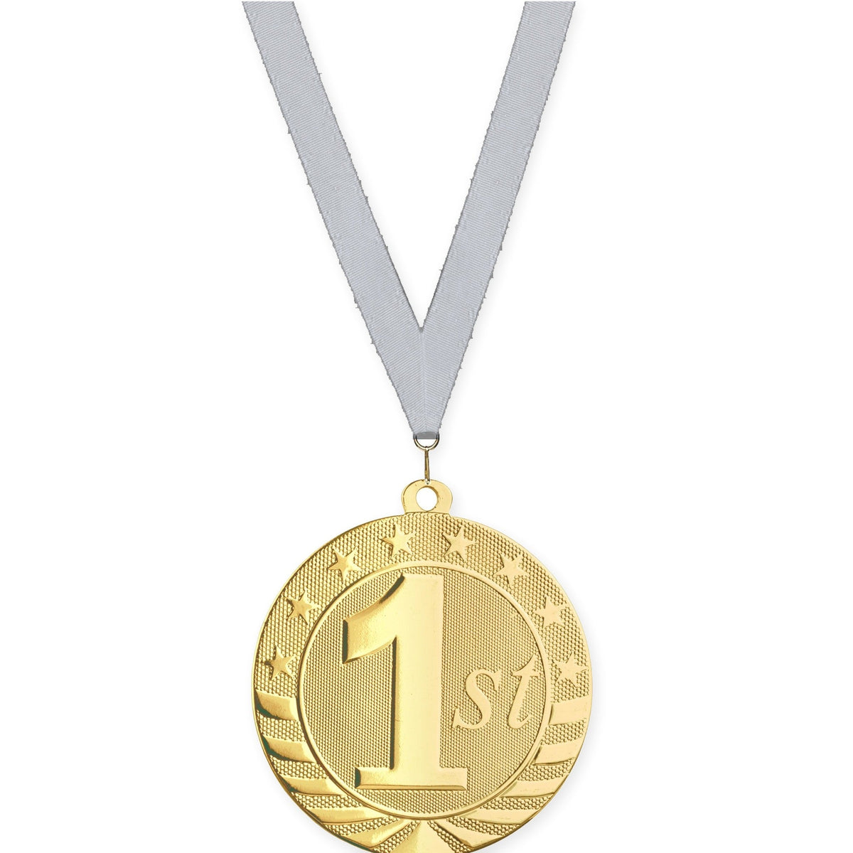2 3/4 inch Place Starbrite medal in gold - 1st place with Silver Metallic neck ribbon
