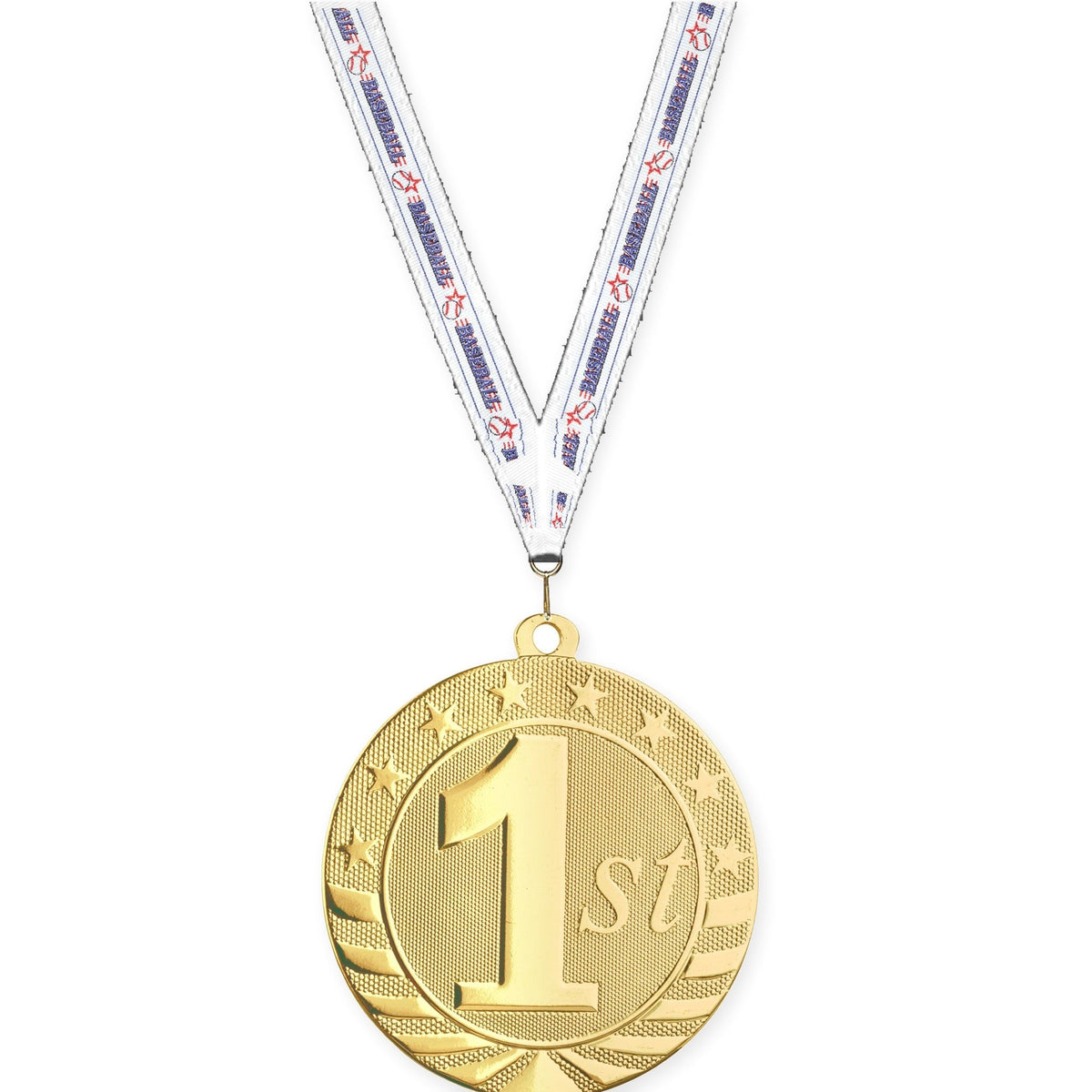 2 3/4 inch Place Starbrite medal in gold - 1st place with Baseball neck ribbon