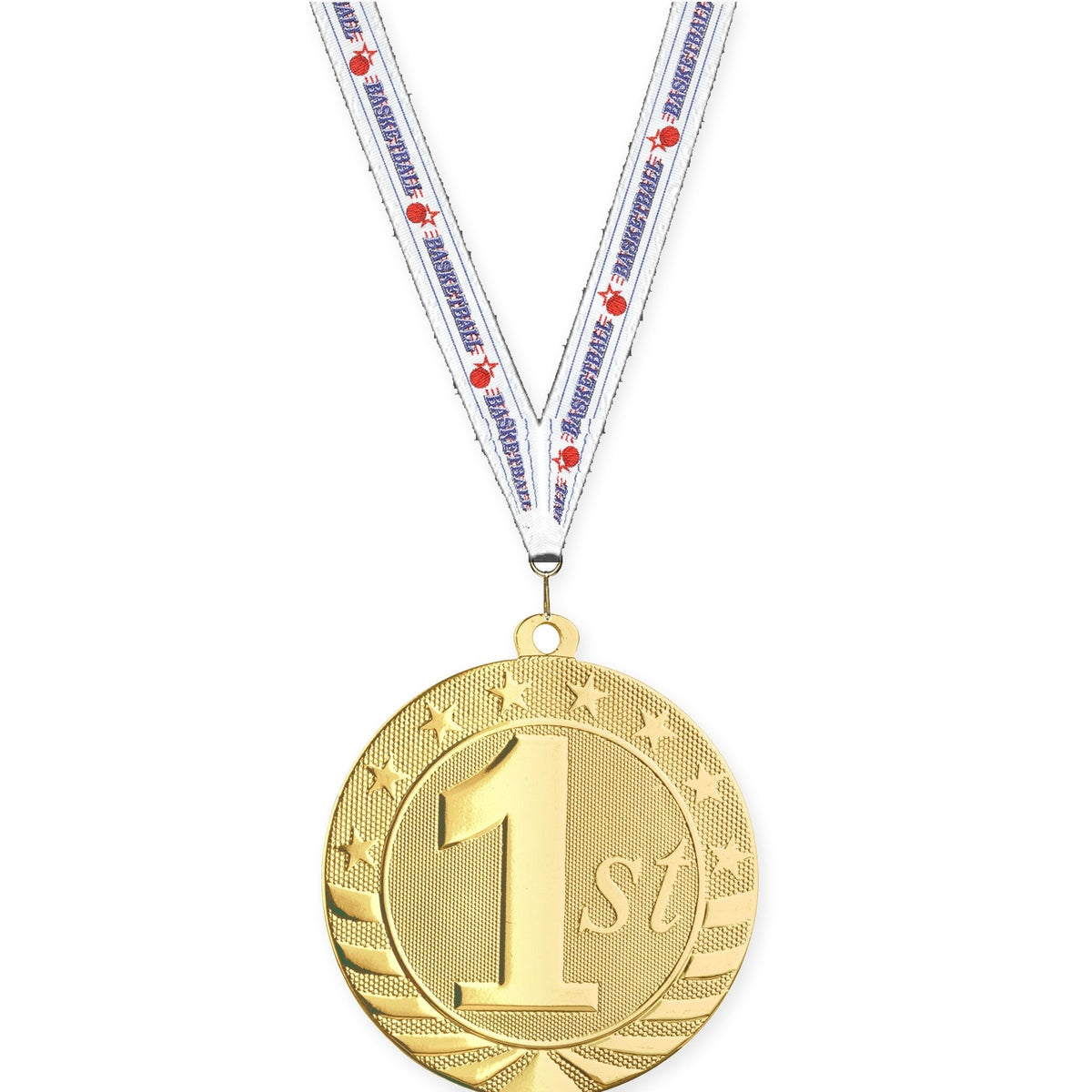 2 3/4 inch Place Starbrite medal in gold - 1st place with Basketball neck ribbon