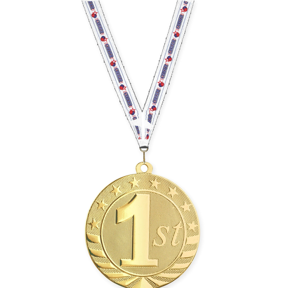 2 3/4 inch Place Starbrite medal in gold - 1st place with Cheerleading neck ribbon