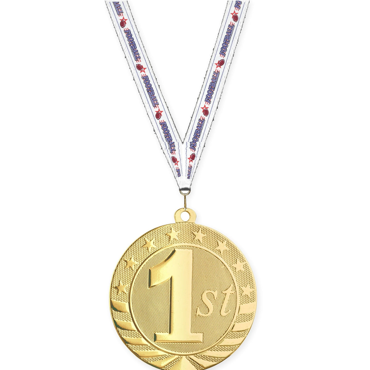 2 3/4 inch Place Starbrite medal in gold - 1st place with Football neck ribbon