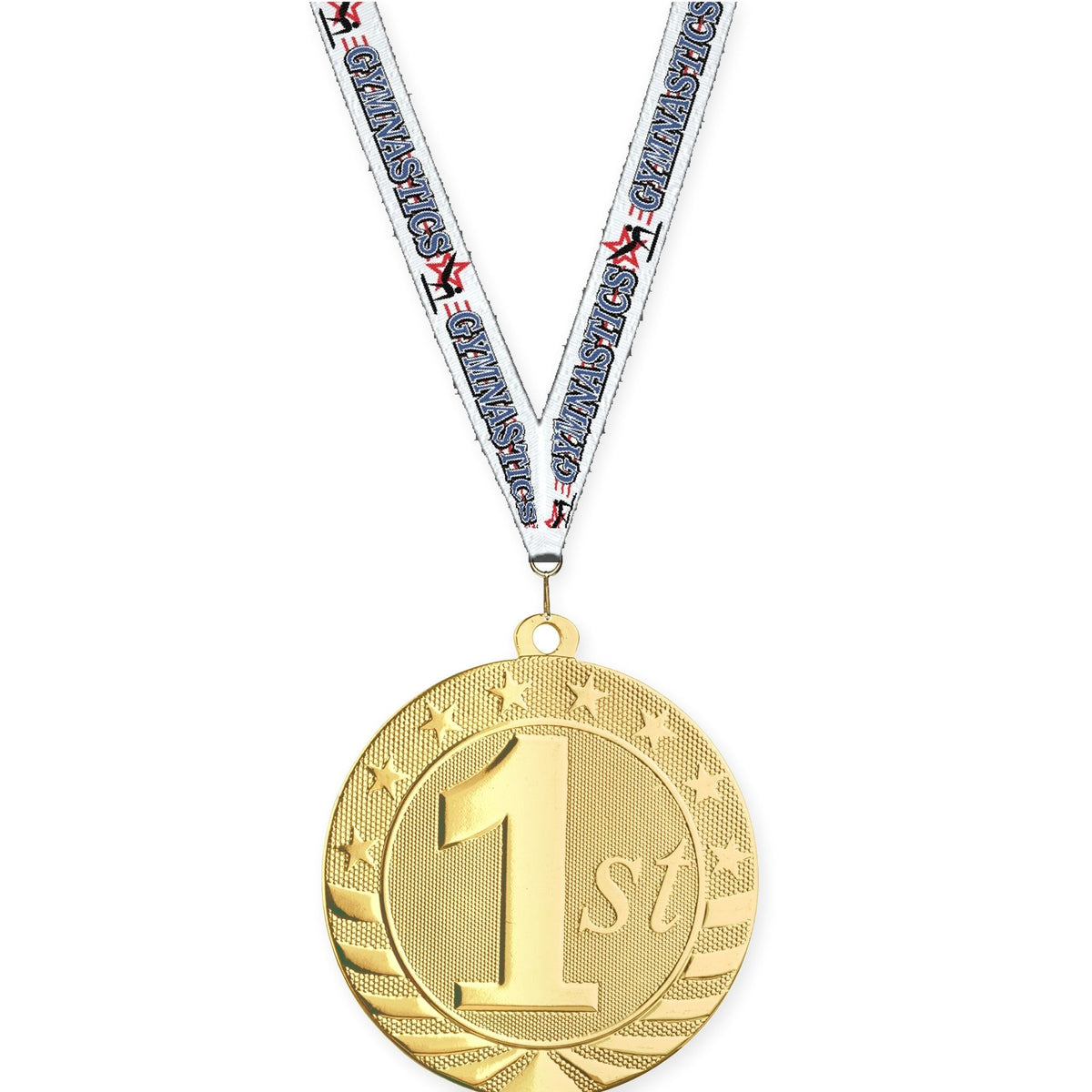 2 3/4 inch Place Starbrite medal in gold - 1st place with Gymnastics neck ribbon