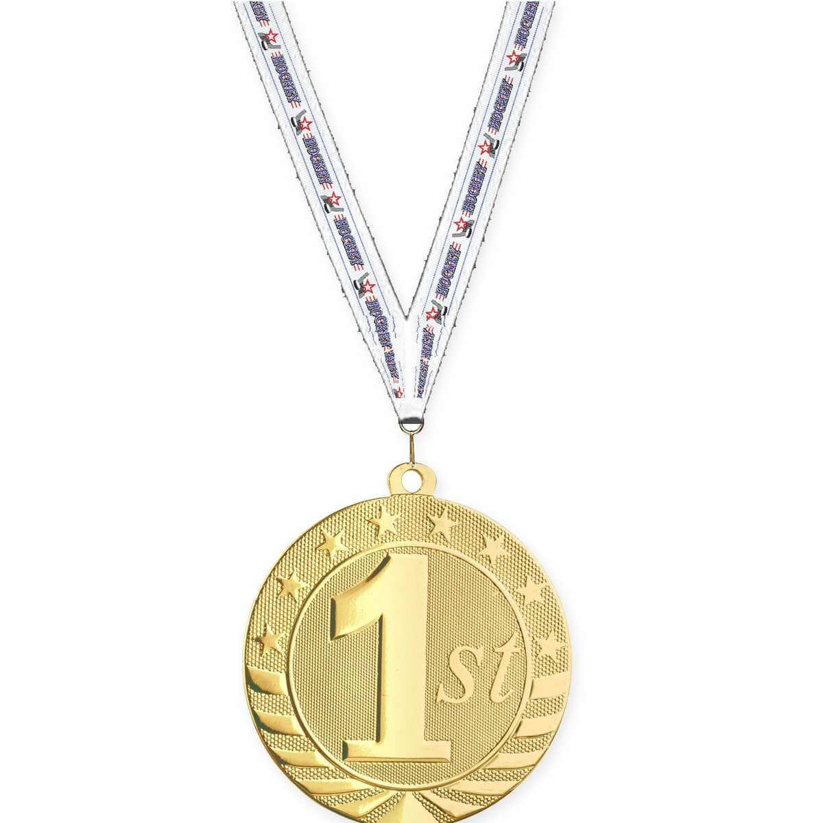 2 3/4 inch Place Starbrite medal in gold - 1st place with Hockey neck ribbon