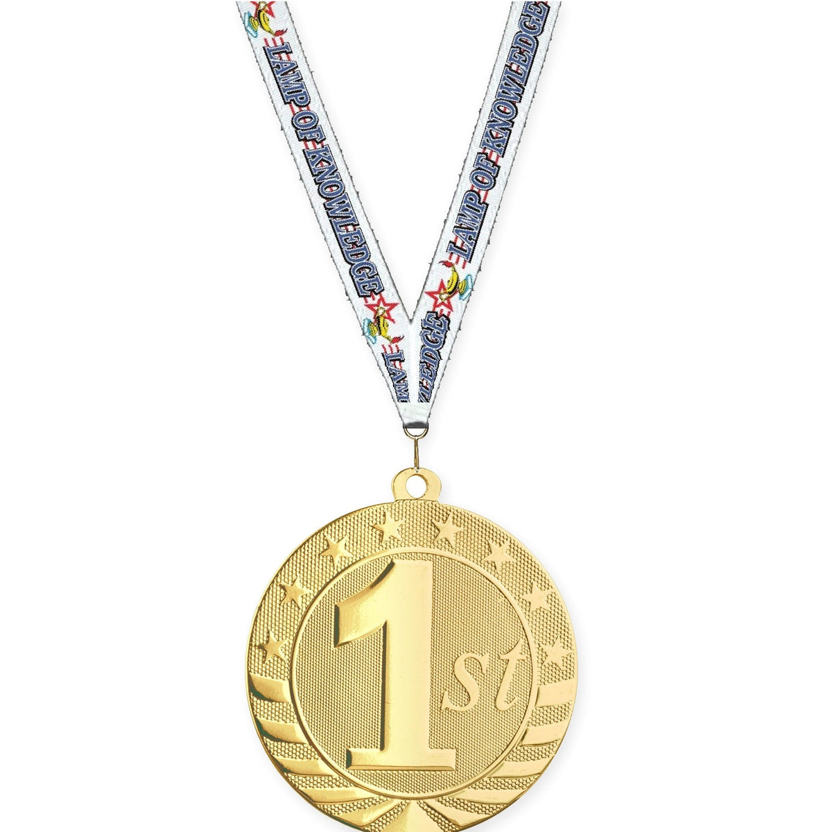 2 3/4 inch Place Starbrite medal in gold - 1st place with Lamp Of Knowledge neck ribbon