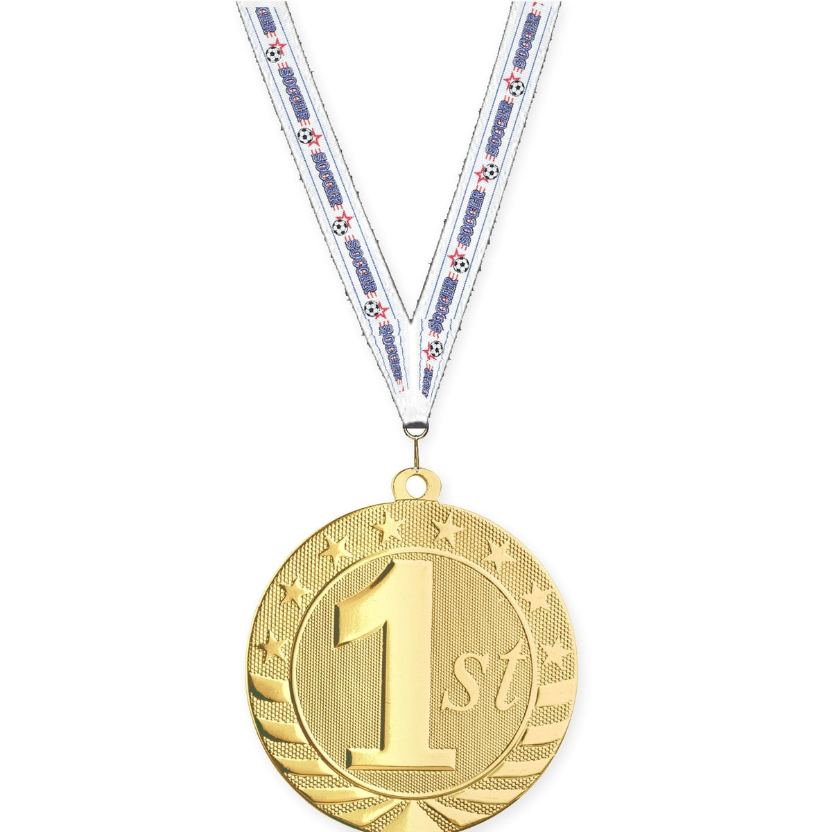 2 3/4 inch Place Starbrite medal in gold - 1st place with Soccer neck ribbon