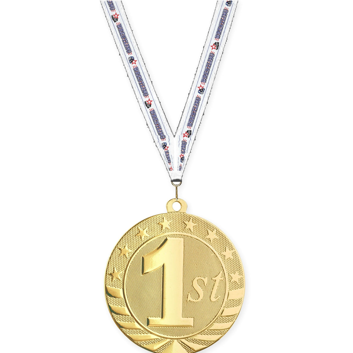 2 3/4 inch Place Starbrite medal in gold - 1st place with Wrestling neck ribbon