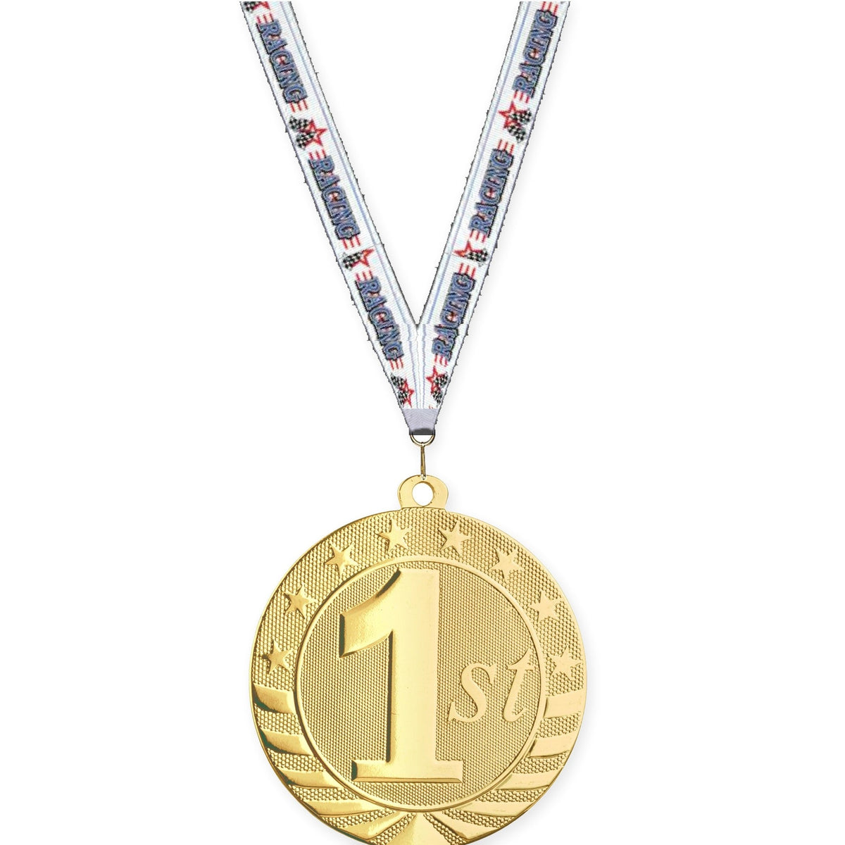 2 3/4 inch Place Starbrite medal in gold - 1st place with Auto Racing neck ribbon
