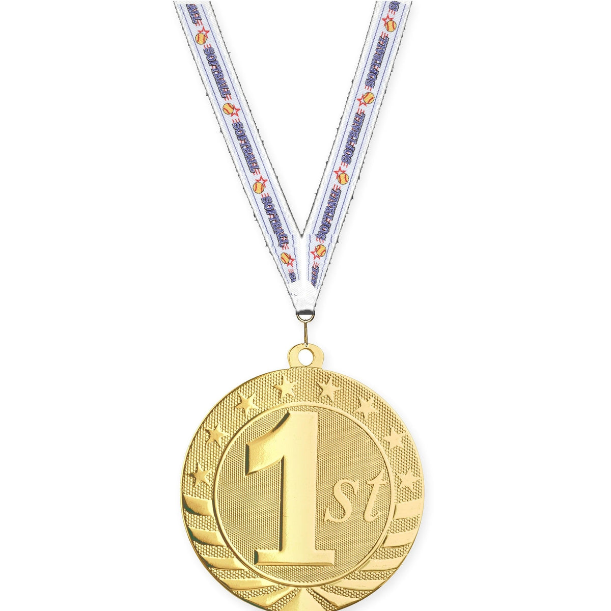 2 3/4 inch Place Starbrite medal in gold - 1st place with Softball neck ribbon