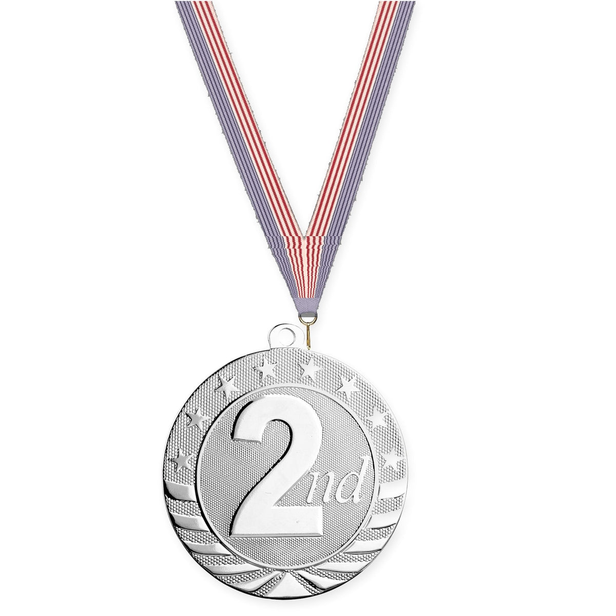 2 3/4 inch Place Starbrite medal in silver - 2nd place with USA Flag neck ribbon