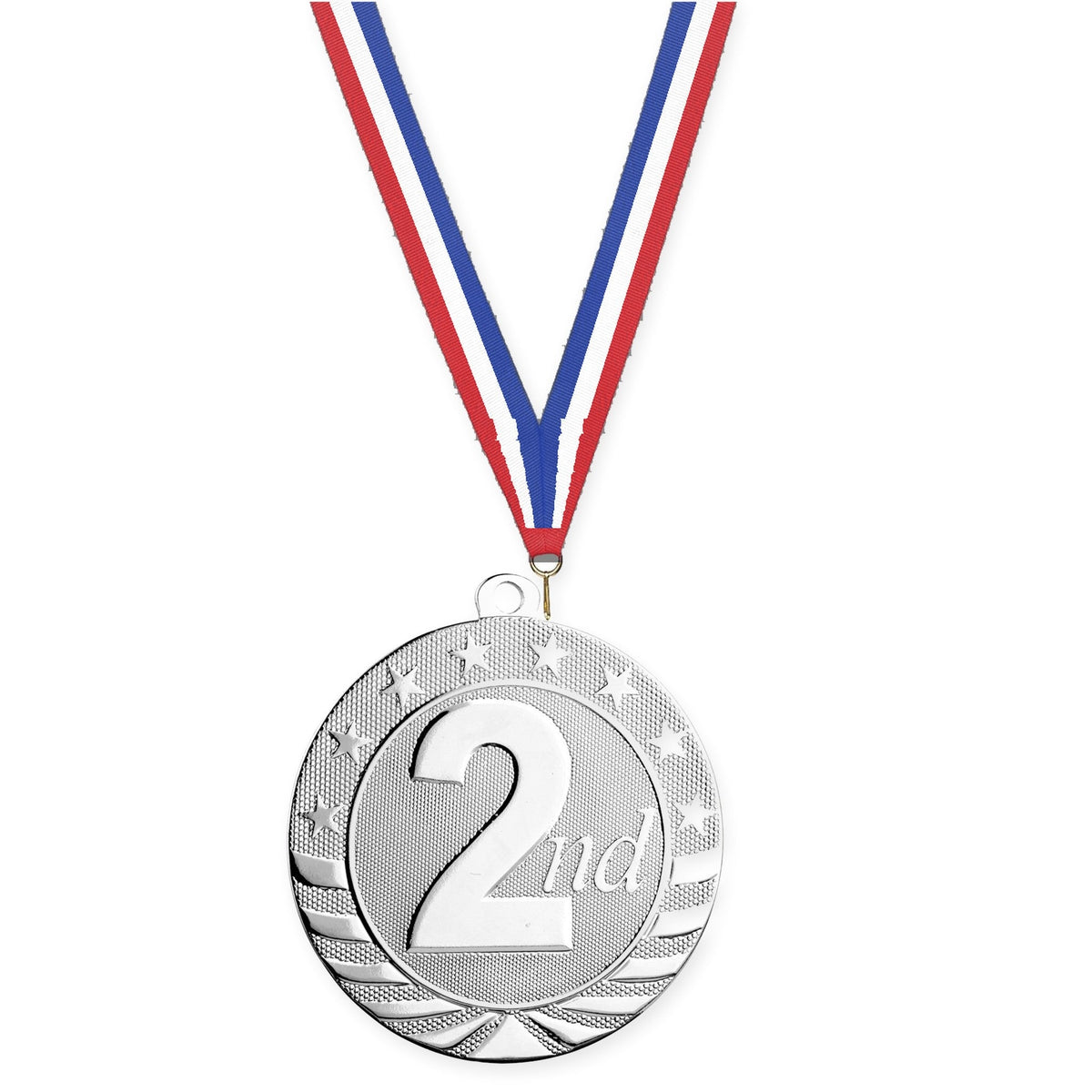 2 3/4 inch Place Starbrite medal in silver - 2nd place with Red White Blue neck ribbon