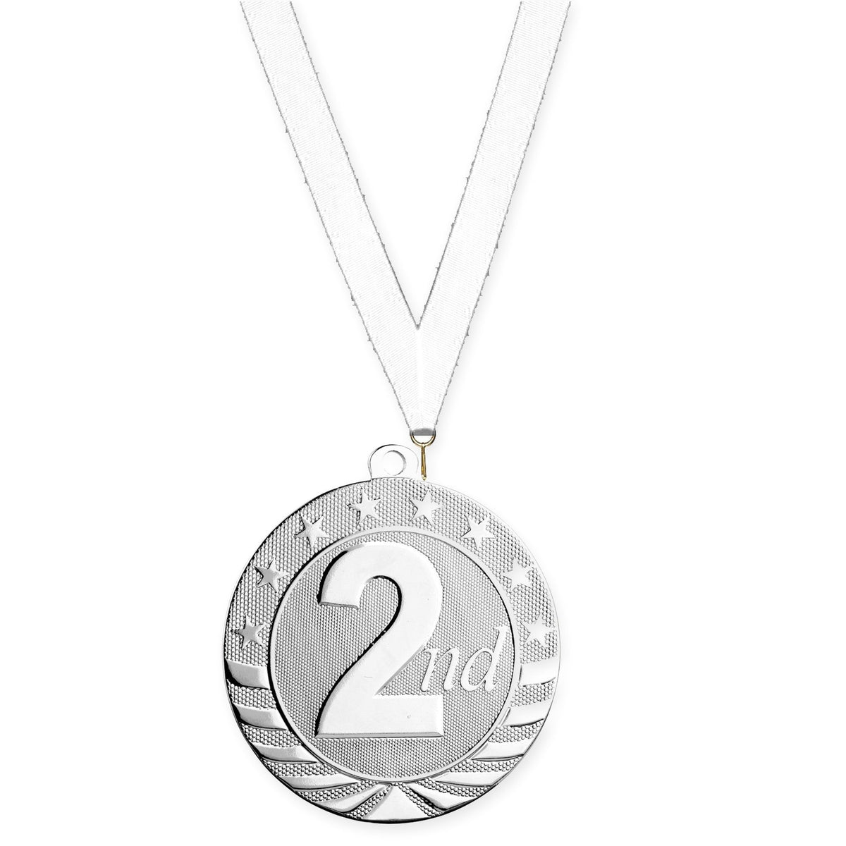 2 3/4 inch Place Starbrite medal in silver - 2nd place with White neck ribbon