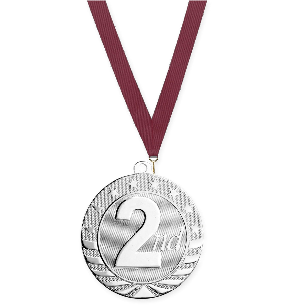 2 3/4 inch Place Starbrite medal in silver - 2nd place with Maroon neck ribbon
