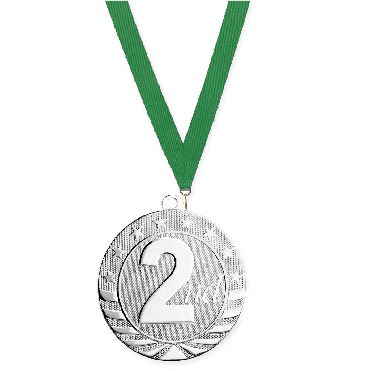 2 3/4 inch Place Starbrite medal in silver - 2nd place with Green neck ribbon