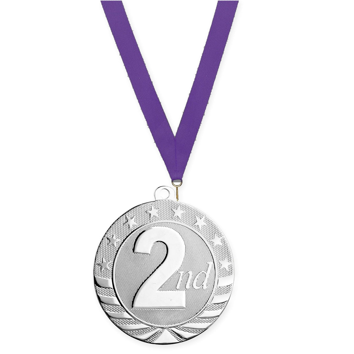 2 3/4 inch Place Starbrite medal in silver - 2nd place with Purple neck ribbon