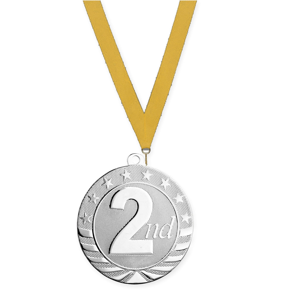 2 3/4 inch Place Starbrite medal in silver - 2nd place with Gold neck ribbon