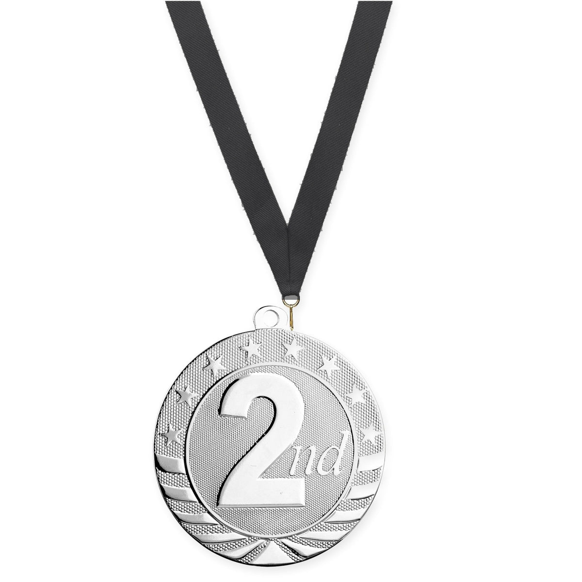 2 3/4 inch Place Starbrite medal in silver - 2nd place with Black neck ribbon