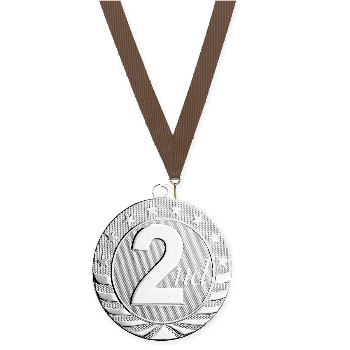 2 3/4 inch Place Starbrite medal in silver - 2nd place with Brown neck ribbon