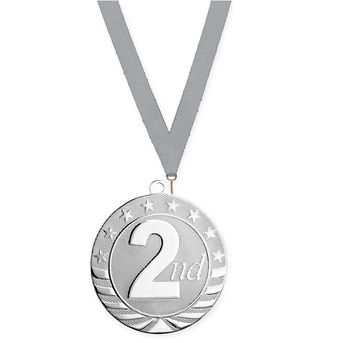 2 3/4 inch Place Starbrite medal in silver - 2nd place with Gray neck ribbon