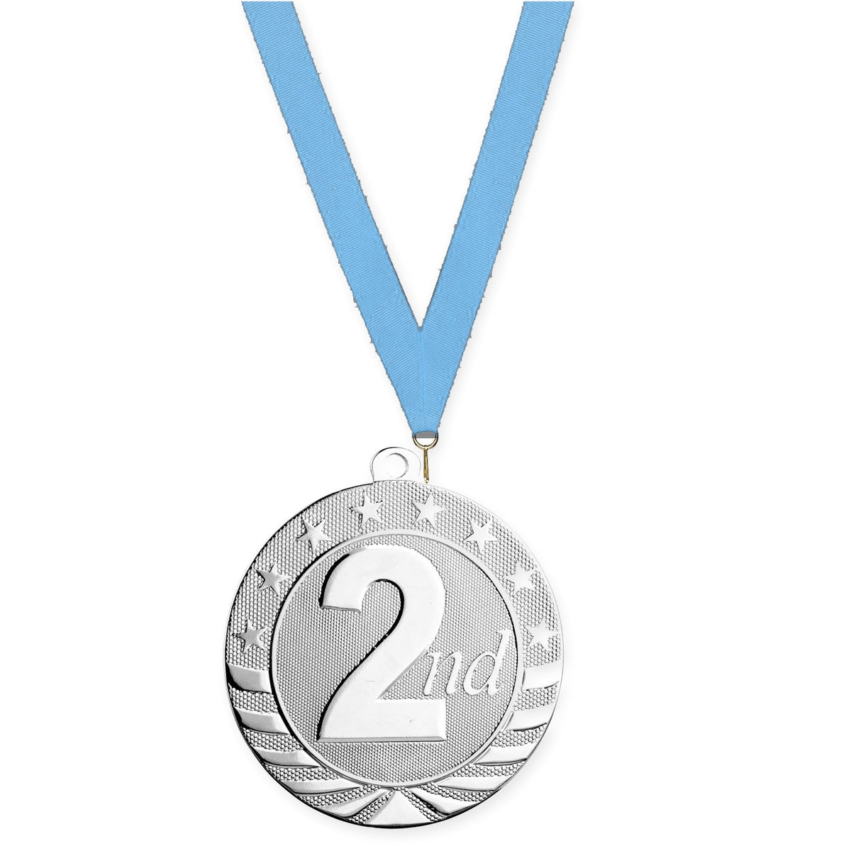 2 3/4 inch Place Starbrite medal in silver - 2nd place with Light Blue neck ribbon