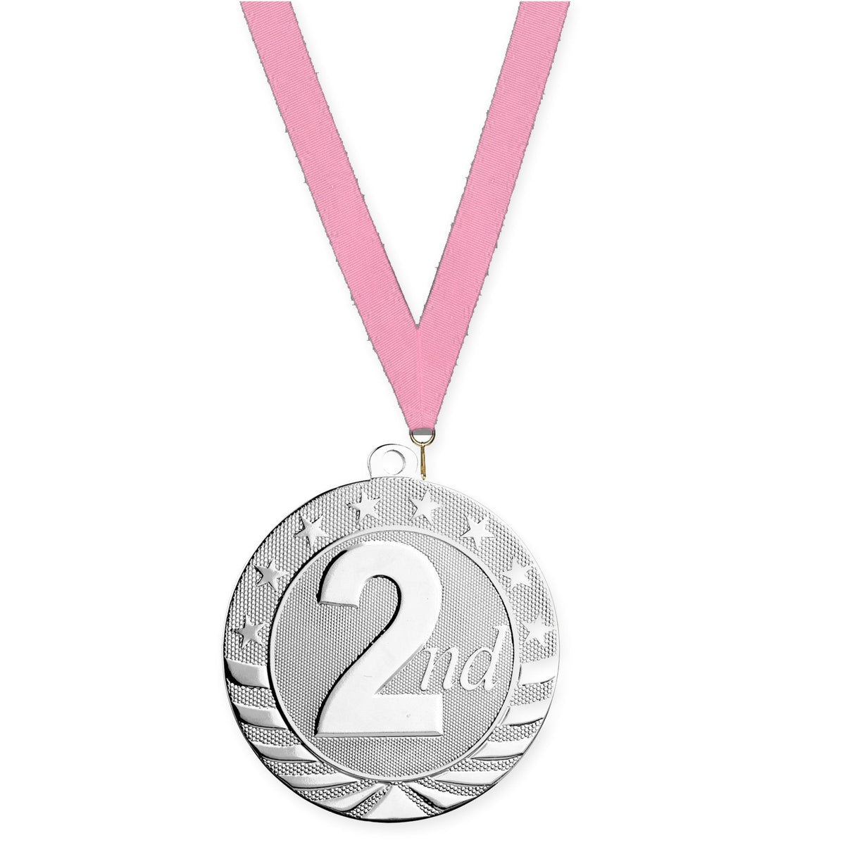 2 3/4 inch Place Starbrite medal in silver - 2nd place with Pink neck ribbon