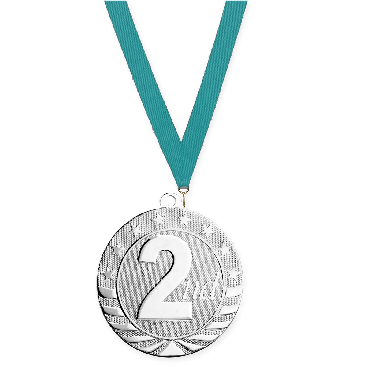 2 3/4 inch Place Starbrite medal in silver - 2nd place with Teal neck ribbon