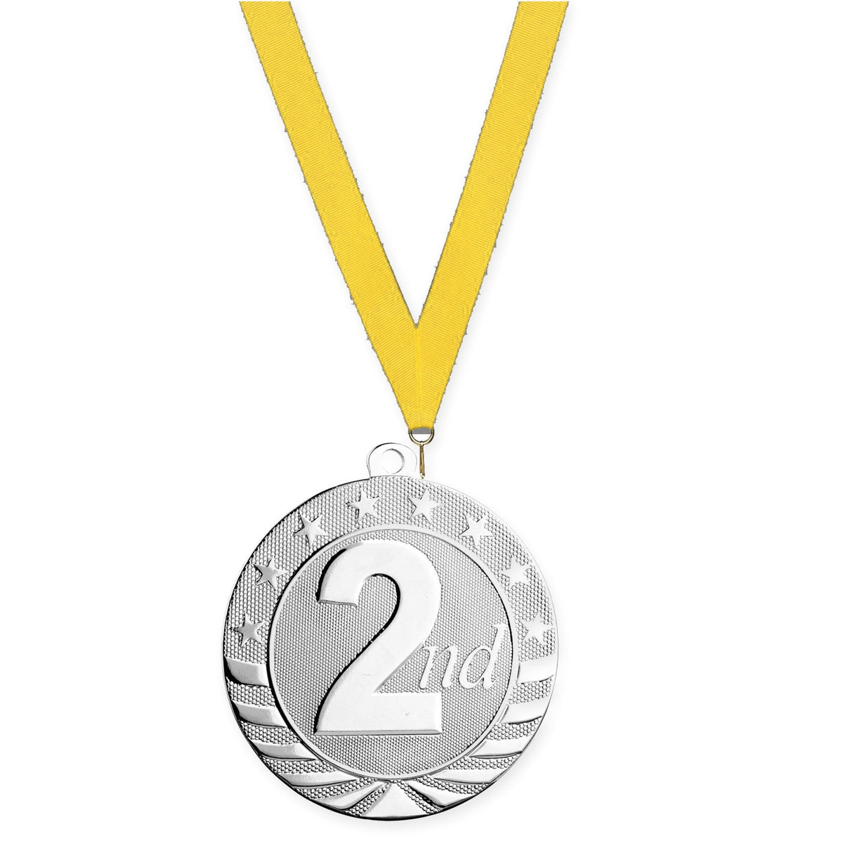 2 3/4 inch Place Starbrite medal in silver - 2nd place with Yellow neck ribbon