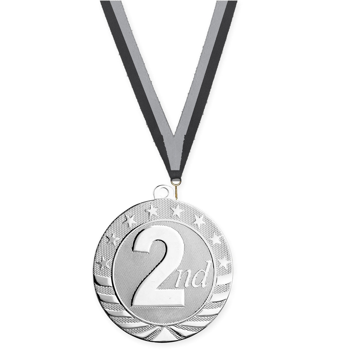 2 3/4 inch Place Starbrite medal in silver - 2nd place with Black Gray neck ribbon