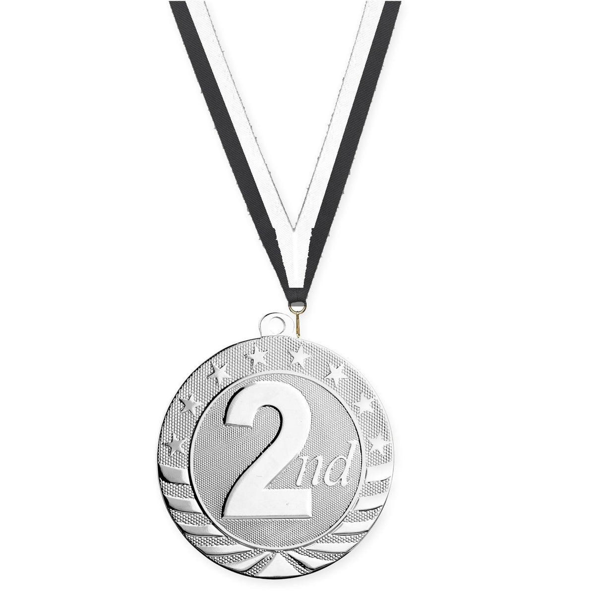 2 3/4 inch Place Starbrite medal in silver - 2nd place with Black White neck ribbon
