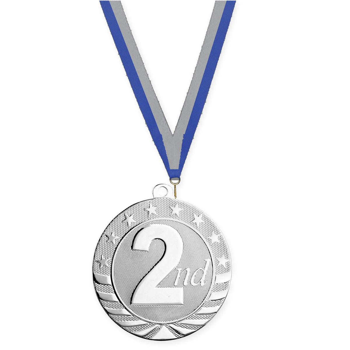 2 3/4 inch Place Starbrite medal in silver - 2nd place with Blue Gray neck ribbon