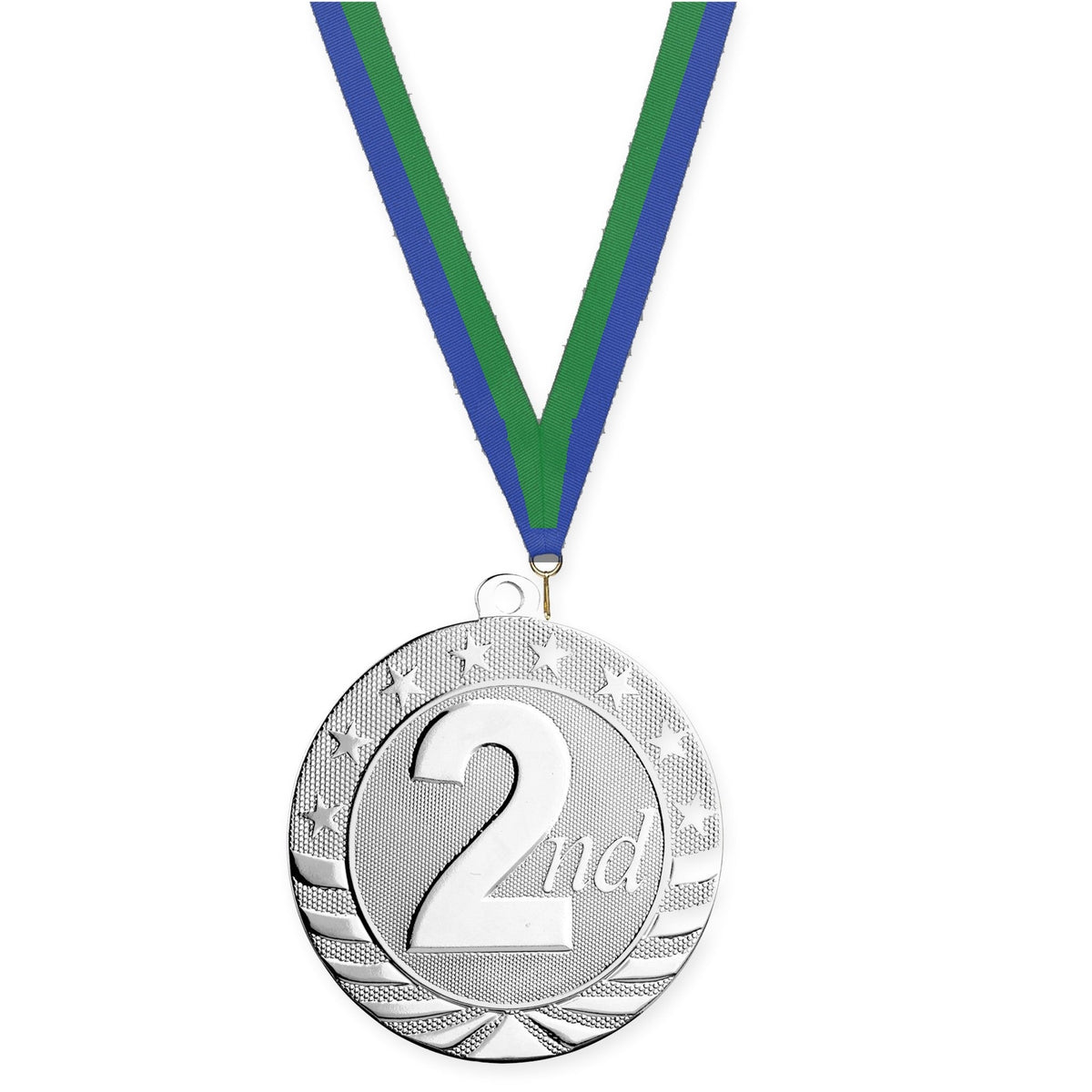 2 3/4 inch Place Starbrite medal in silver - 2nd place with Blue Green neck ribbon