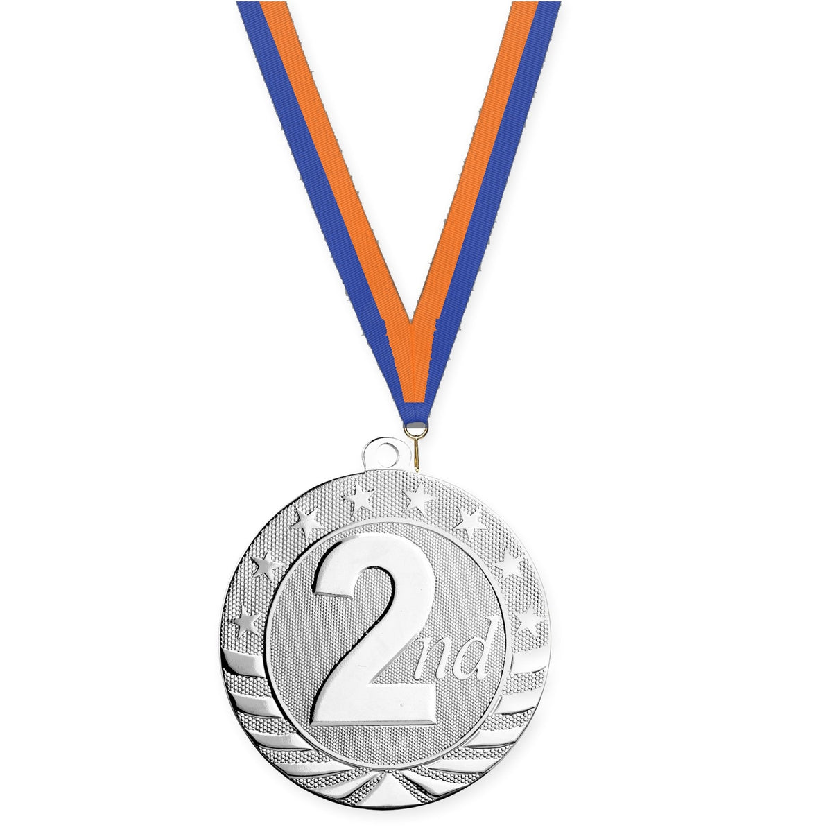 2 3/4 inch Place Starbrite medal in silver - 2nd place with Blue Orange neck ribbon