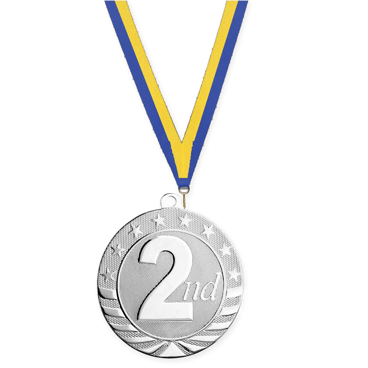 2 3/4 inch Place Starbrite medal in silver - 2nd place with Blue Yellow neck ribbon